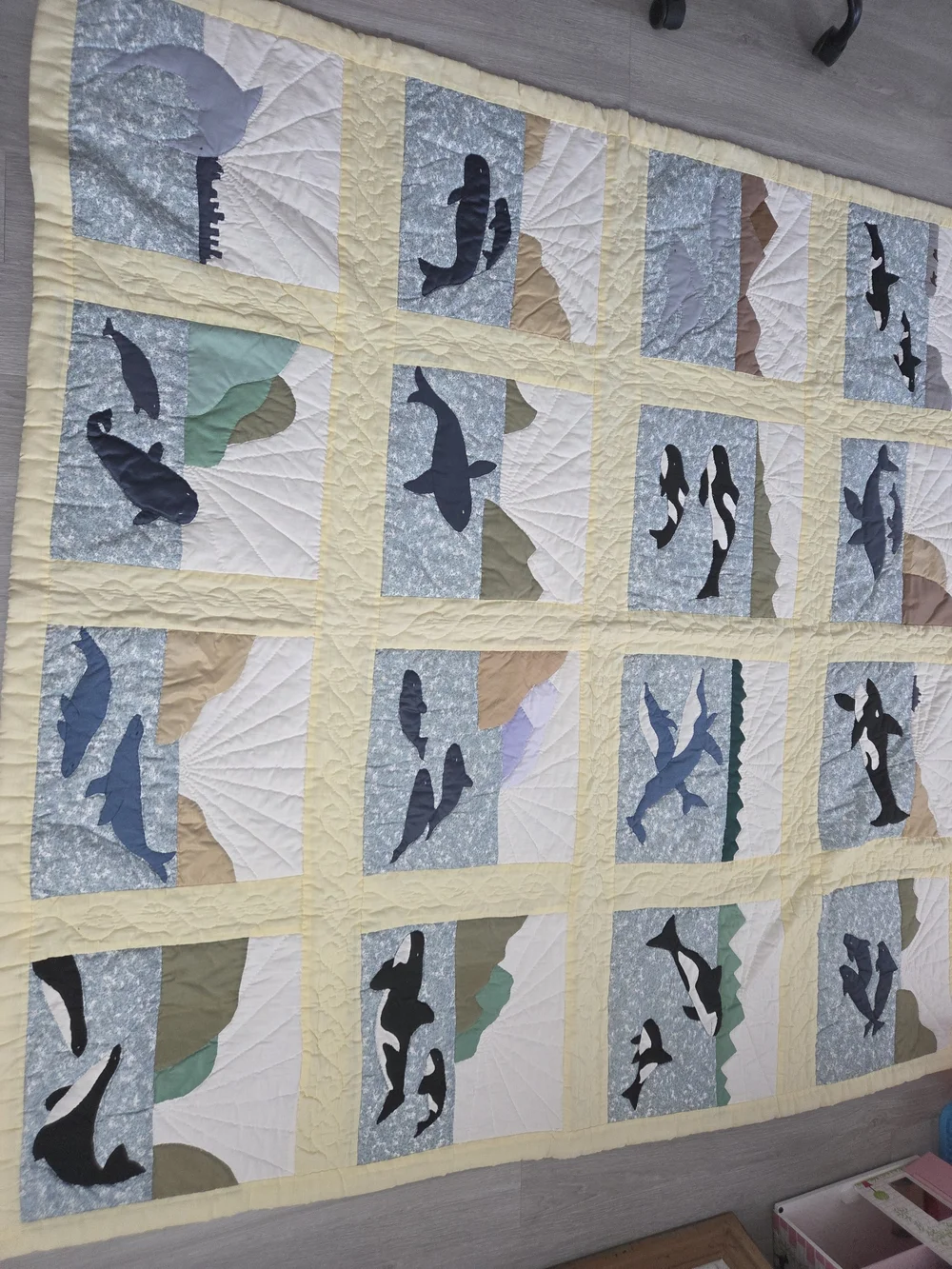 Handmade Ocean Whale Patchwork Quilt in Yellow and Blue